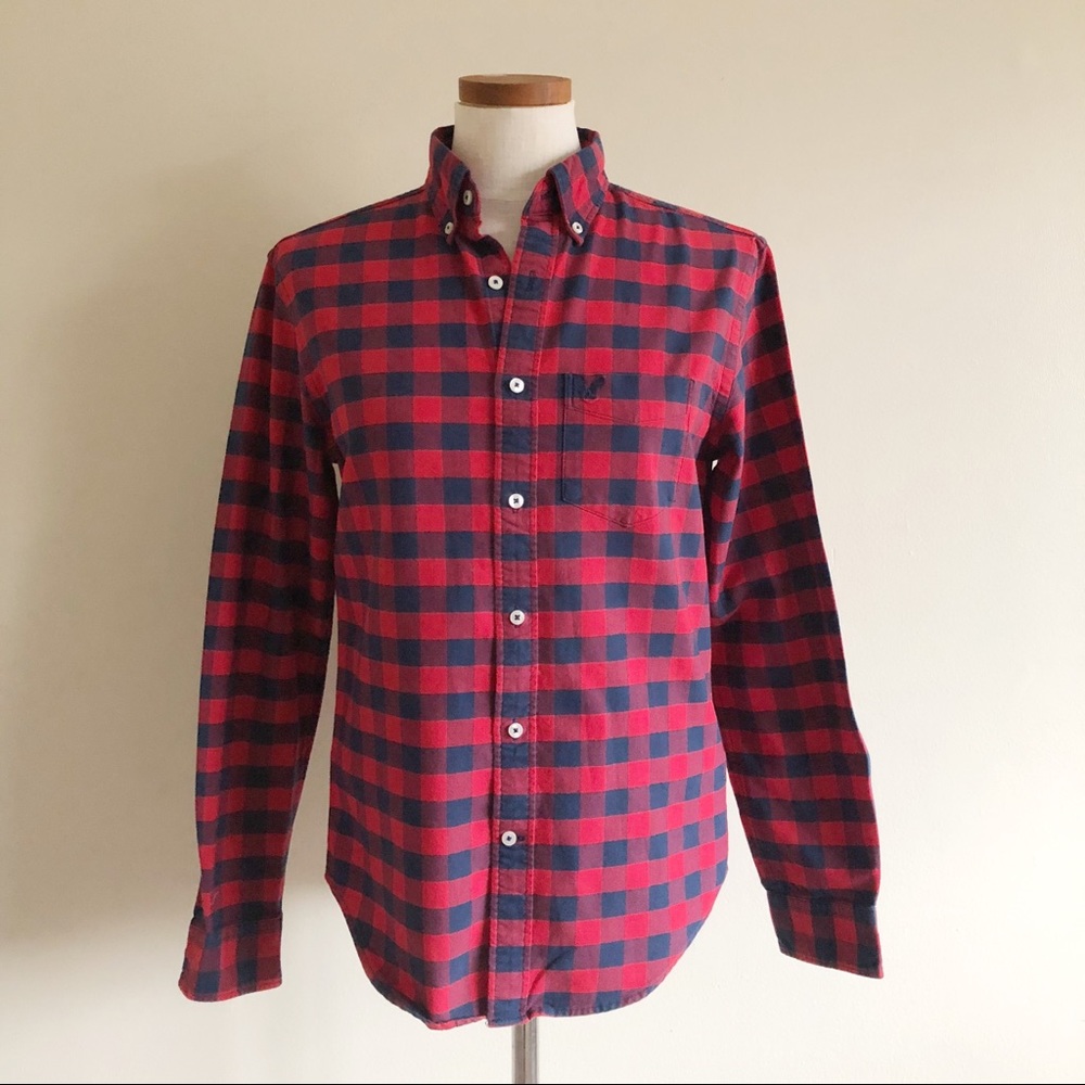AEO Red Classic Fit Check button down shirt